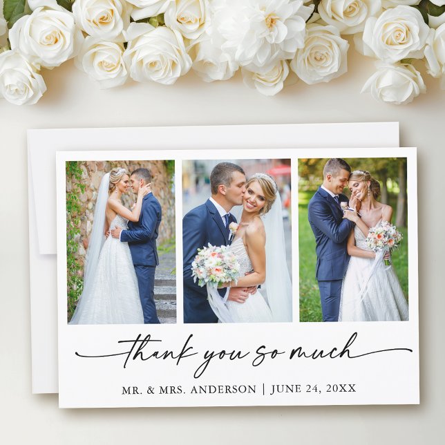 Modern Calligraphy Bläck Pen Script Bröllop 3-foto Tack Kort (Customize to add text to back of card.)