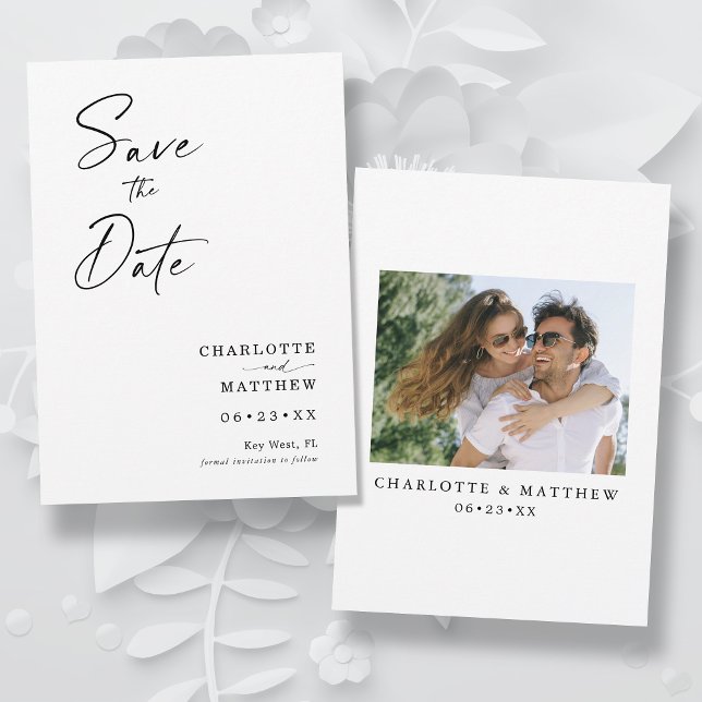 Modern Calligraphy Bläck Script 1-foto Spara Datumet (The card color can easily be changed by selecting "Edit Design")