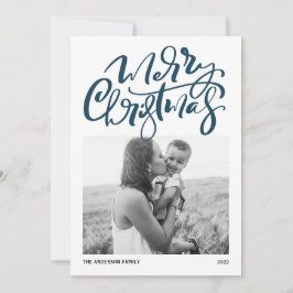 Modern Calligraphy Blue Photo God jul Julkort