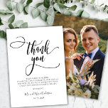 Modern Calligraphy Bohemian Script Photo Bröllop Tack Kort<br><div class="desc">Modern Chic Whimsical Calligraphy Script Photo Bröllop - tackkort. Snyggt bröllop tackar dig för att du har en mall med ett foto av fullt, "Tack" i ett snävt, snävt och snett tecken på att du skriver typsnittet typografi swash svan i svartvitt. 2-sidiga kort med förinställt tackmeddelande i framkanten och fullt...</div>
