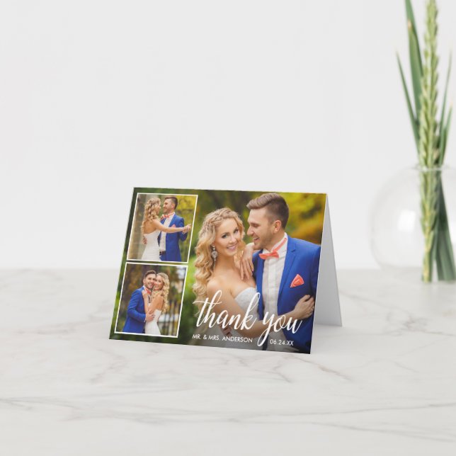 Modern Calligraphy Bröllop 3 Photo Collage Note Tack Kort (Framsida)