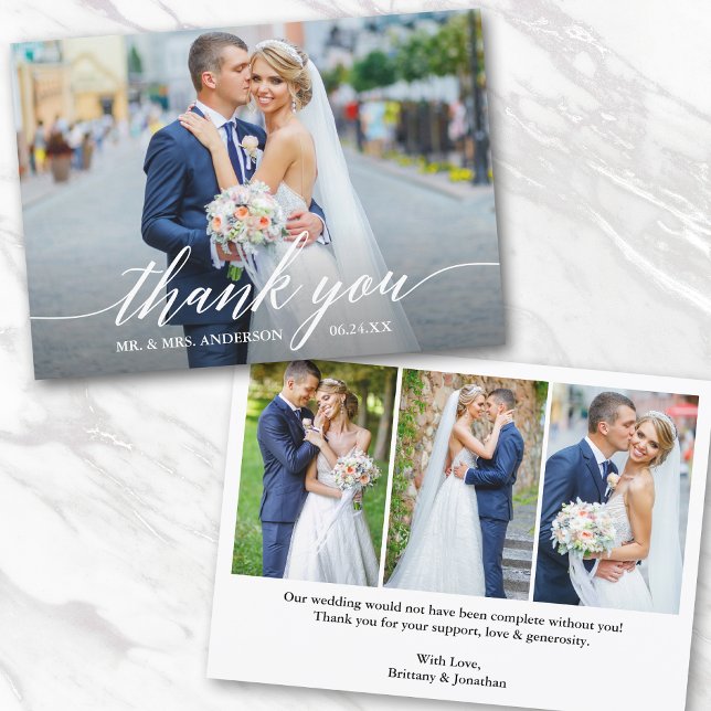 Modern Calligraphy Bröllop Bride Groom 4 Photo Tack Kort (Customize to change your personalized text size or text style.)
