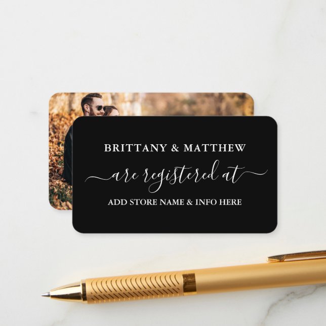 Modern Calligraphy Bröllop Registry Photo Black Tilläggskort (Fram/Back In Situ)