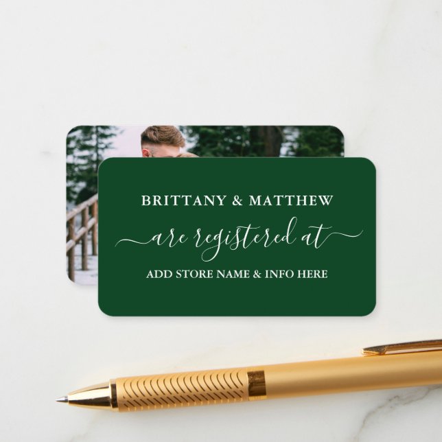 Modern Calligraphy Bröllop Registry Photo Grönt Tilläggskort (Fram/Back In Situ)