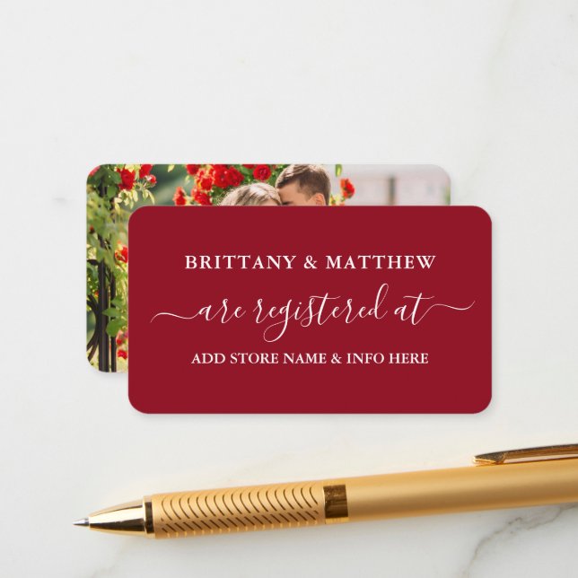 Modern Calligraphy Bröllop Registry Photo Red Tilläggskort (Fram/Back In Situ)