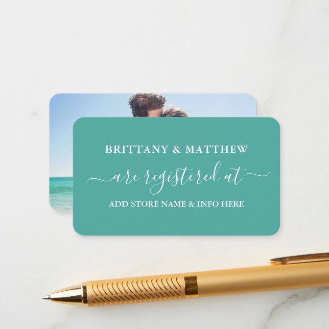 Modern Calligraphy Bröllop Registry Photo Teal Tilläggskort (Fram/Back In Situ)