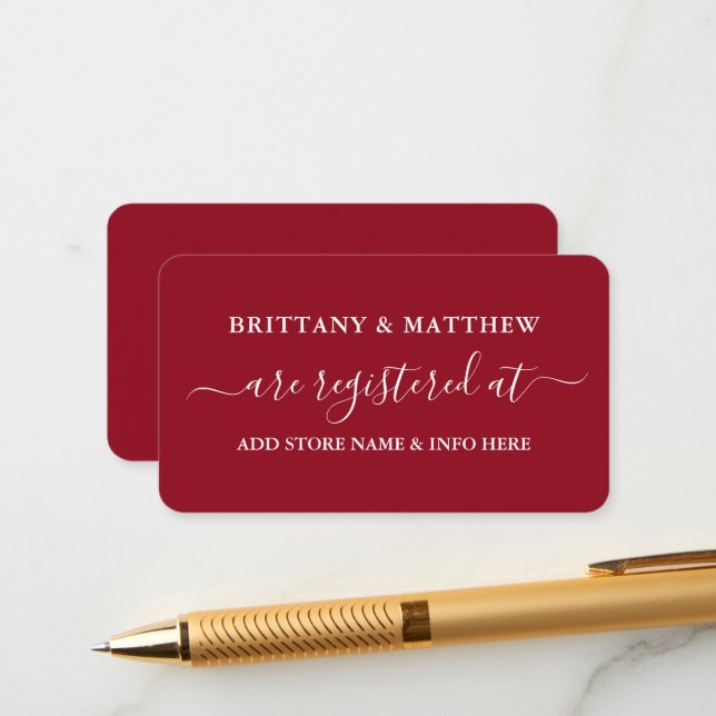 Modern Calligraphy Bröllop Registry Red Tilläggskort (Fram/Back In Situ)