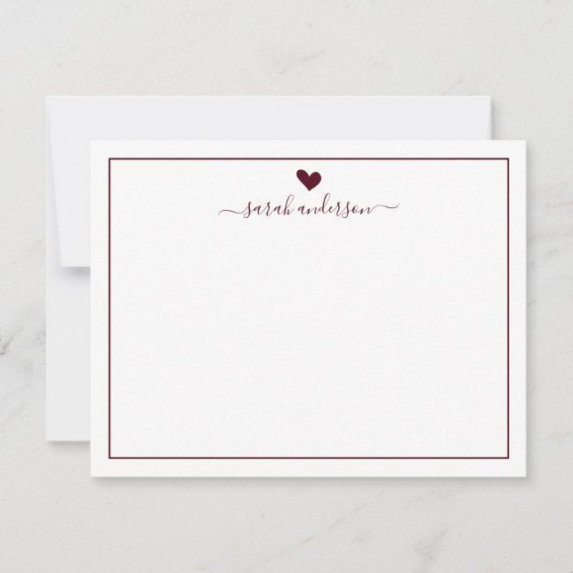Modern Calligraphy Burgundy Heart Personalized Anteckningskort (Framsida)