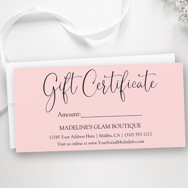 Modern Calligraphy Business Rosa Gift-certifikat (Customize to change background color.)
