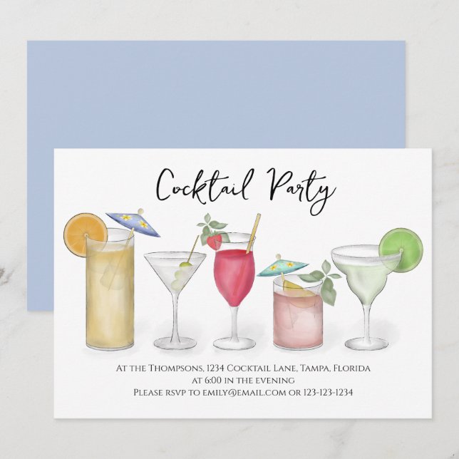 Modern Calligraphy Cocktails Drinks Watercolor Rol Inbjudningar (Fram/baksida)