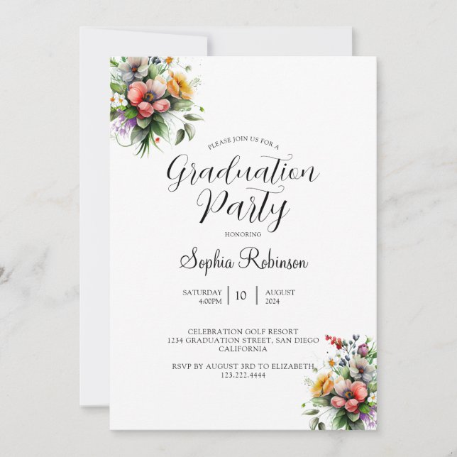 Modern Calligraphy Elegant Blommigt Grad Party Inbjudningar (Framsida)