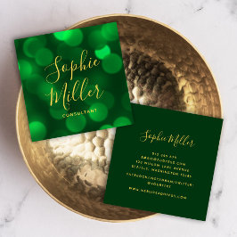 Modern Calligraphy Emerald Grönt Bokeh Ljus Fyrkantigt Visitkort
