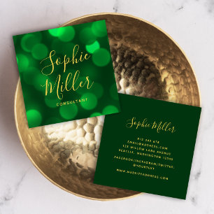 Modern Calligraphy Emerald Grönt Bokeh Ljus Fyrkantigt Visitkort