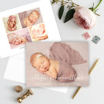 Modern Calligraphy Flicka Photo Collage Birth Meddelande<br><div class="desc">Med elegant och ett minimalistiskt kort för att anmäla fosterförlossningar får du ditt vackra nyfödda flicka med ett landskapsfoto på framsidan och ett enkelt fotokollage på baksidan. Anpassa det moderna,  vita,  handskrivna kalligrafiskriptet med baby fullt namn och anpassa den återstående texten med alla viktiga födelsestater.</div>