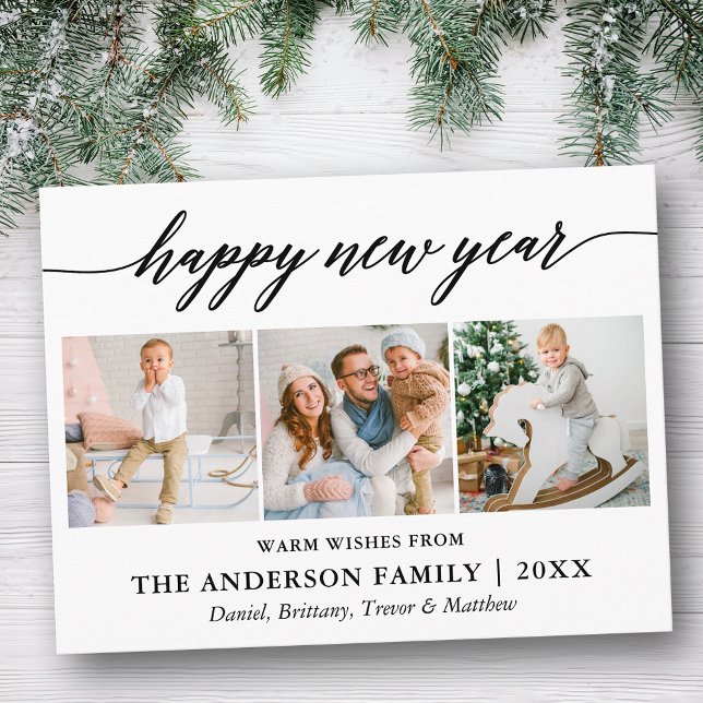 Modern Calligraphy Gott nytt år 3 Photo Vykort (Customize to change your personalized text size or text style.)