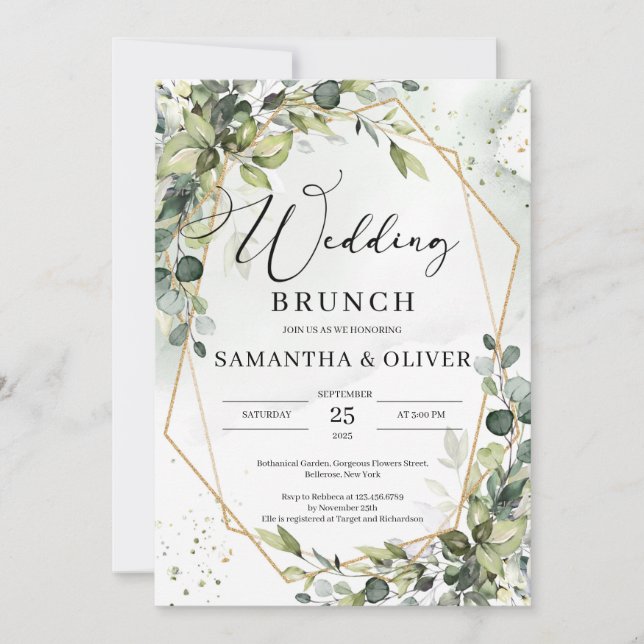 Modern Calligraphy greenery guld bröllop brunch Inbjudningar (Framsida)