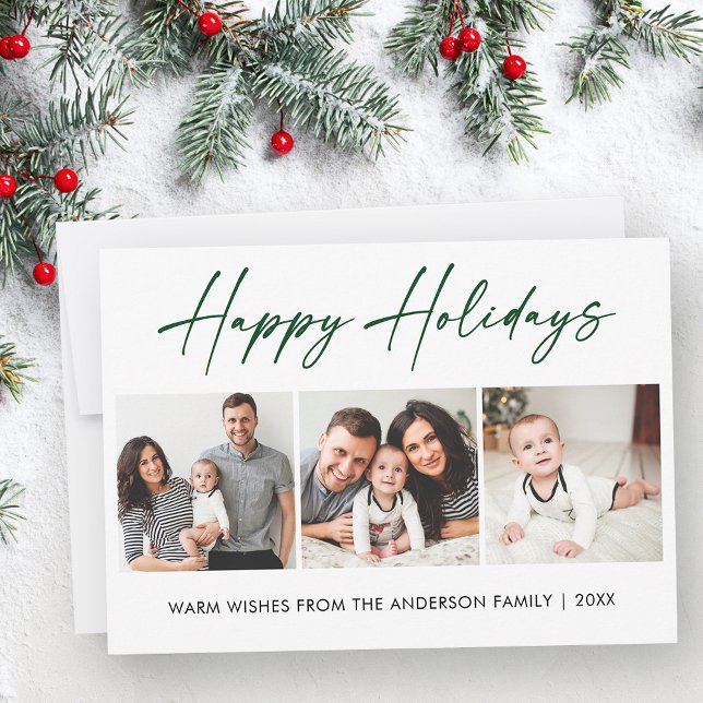 Modern Calligraphy Grönt Bläck Script 3-foto Julkort (Customize to change your personalized text size or style.)