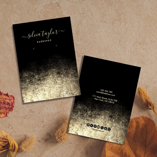 Modern Calligraphy Guld Black Earring visning Card Visitkort (Skapare uppladdad)