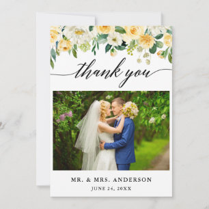 Modern Calligraphy Gult Blommigt Bröllop Photo Tack Kort