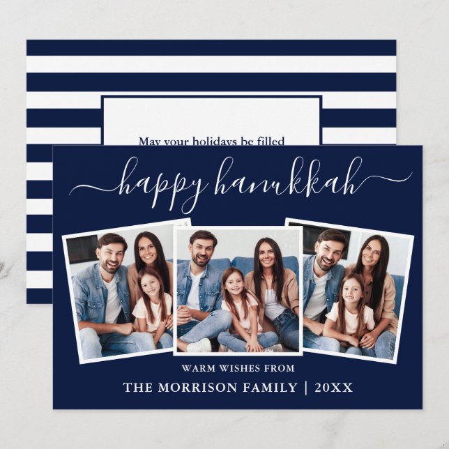 Modern Calligraphy Hanukkah Blue Rand 3 Photo Julkort (Fram/baksida)