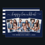 Modern Calligraphy Hanukkah Blue Rand 3 Photo Julkort<br><div class="desc">Modern Trendig Calligraphy Script 3 Photo Family Photo Collage Lycklig Hanukah Card - Navy Blue and White Rand Back</div>