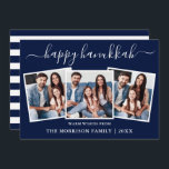 Modern Calligraphy Hanukkah Blue Rand 3 Photo Julkort<br><div class="desc">Modern Trendig Calligraphy Script 3 Photo Family Photo Collage Lycklig Hanukah Card - Navy Blue and White Rand Back</div>