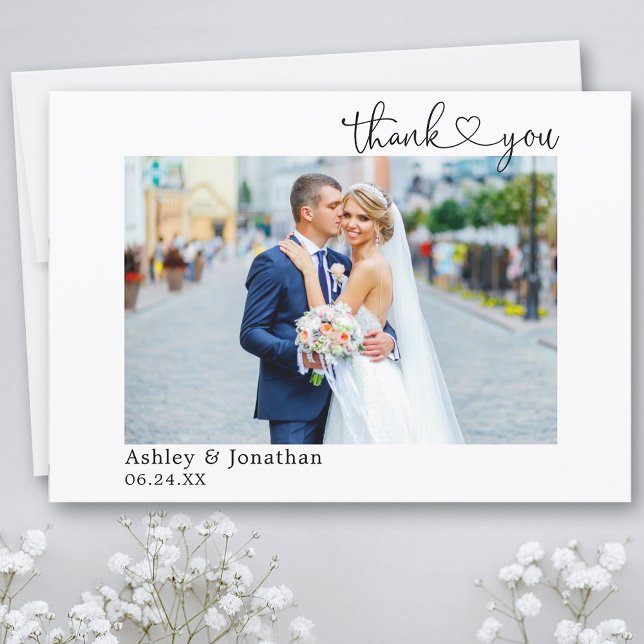 Modern Calligraphy Heart Bröllop Photo Tack Kort (Customize to change your personalized text size or text style.)