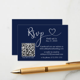 Modern Calligraphy Heart Bröllop QR OSA Blue Tilläggskort