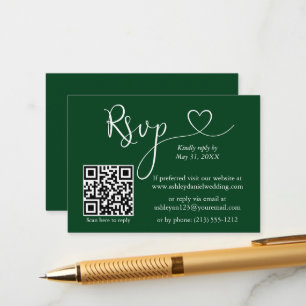 Modern Calligraphy Heart Bröllop QR OSA Grönt Tilläggskort