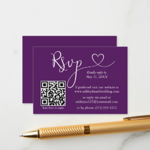 Modern Calligraphy Heart Bröllop QR OSA Lila Tilläggskort