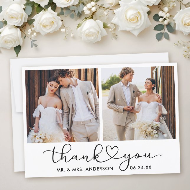 Modern Calligraphy Heart Script 2 Foton Bröllop Tack Kort (Customize to add text to back of card.)