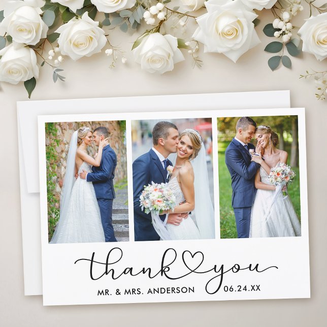 Modern Calligraphy Heart Script 3 Photo Bröllop Tack Kort (Customize to add text to back of card.)