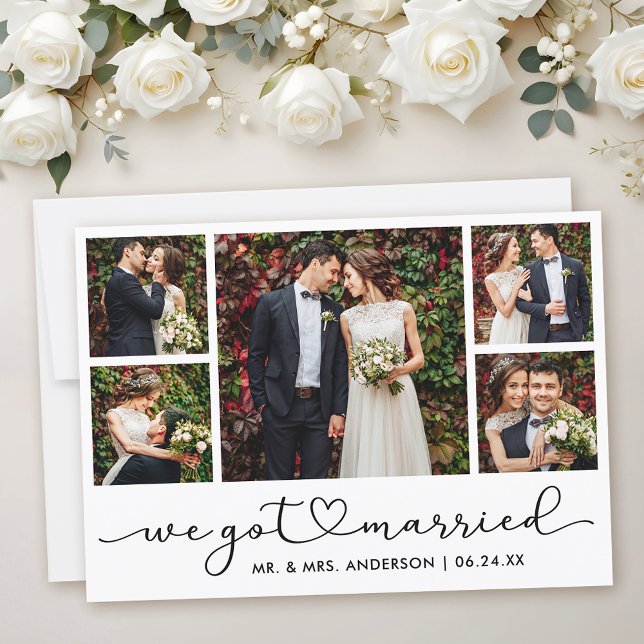 Modern Calligraphy Heart Script 5 Photo Bröllop Meddelande (Customize to add text to back of card.)