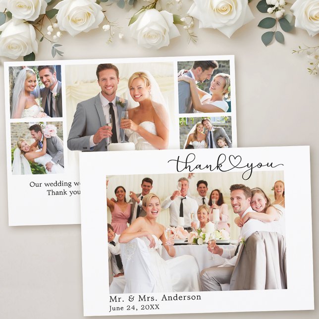 Modern Calligraphy Heart Script 6 Foton Bröllop Tack Kort (Customize to change your personalized text size or text style.)