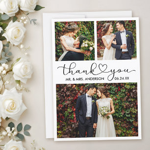 Modern Calligraphy Heart Script Bröllop 3-foto Tack Kort