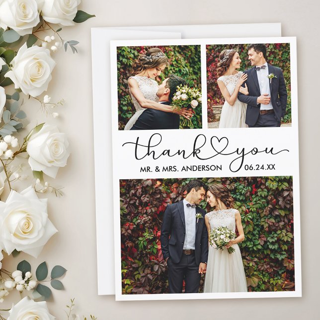 Modern Calligraphy Heart Script Bröllop 3-foto Tack Kort (Customize to add text to back of card.)