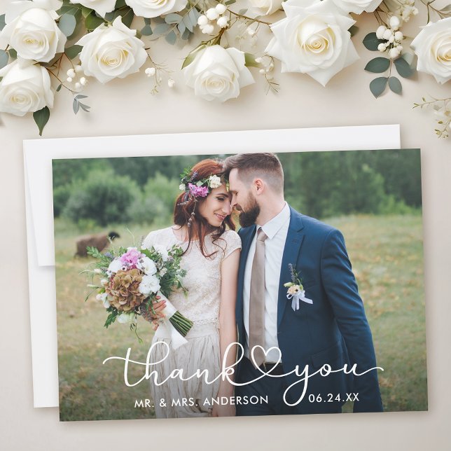 Modern Calligraphy Heart Script Bröllop Photo Tack Kort (Customize to add text to back of card.)