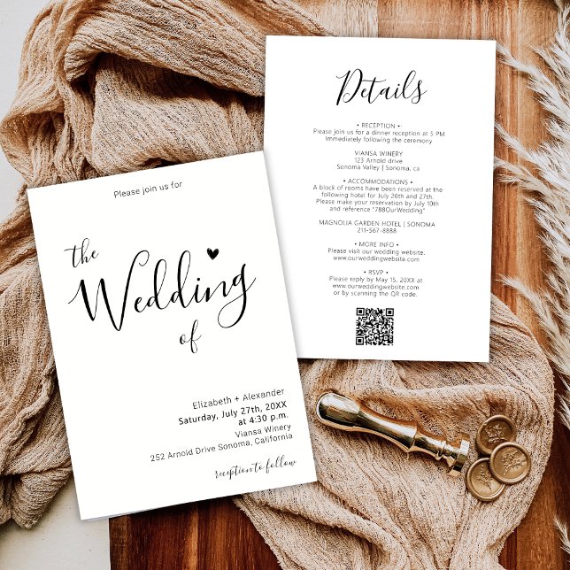 Modern Calligraphy Heart-skript QR-kod Bröllop Inbjudningar (Skapare uppladdad)