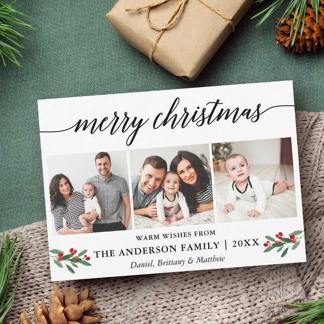 Modern Calligraphy Holly God jul 3 Photo Julkort (Customize to add text to back of card.)