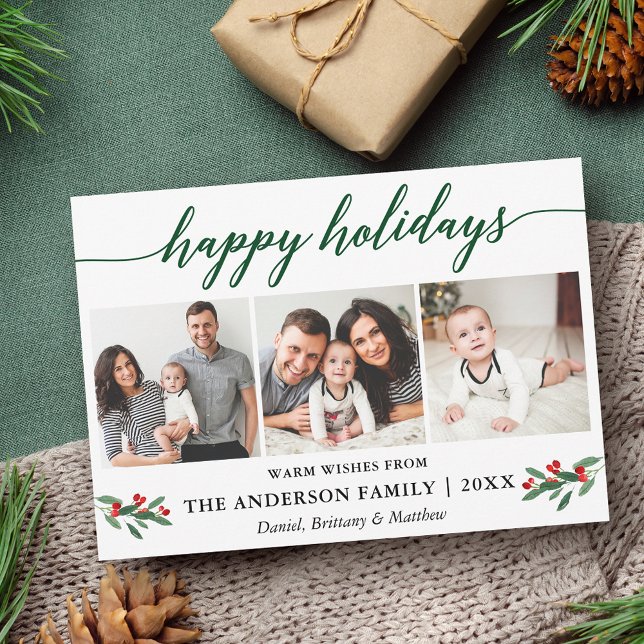 Modern Calligraphy Holly Grönt 3 Photo Julkort (Customize to add text to back of card.)