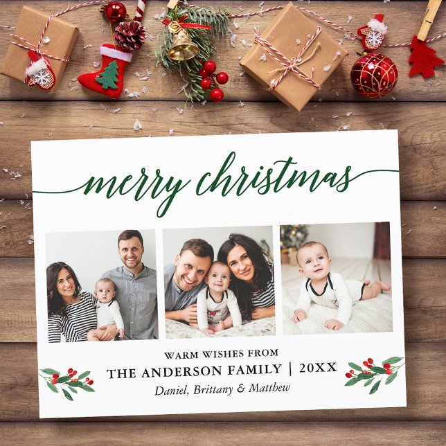 Modern Calligraphy Holly Grönt jul 3 Photo Vykort (Customize to change your personalized text size or text style.)