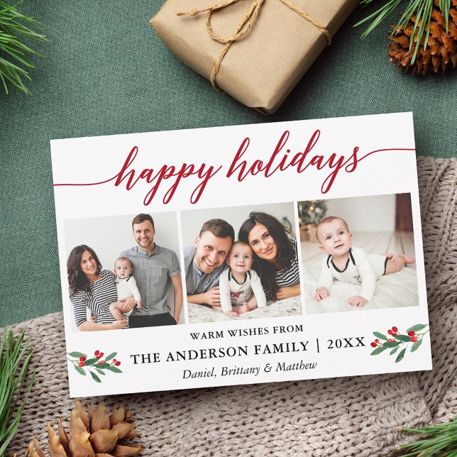 Modern Calligraphy Holly Red 3 Photo Julkort (Customize to add text to back of card.)