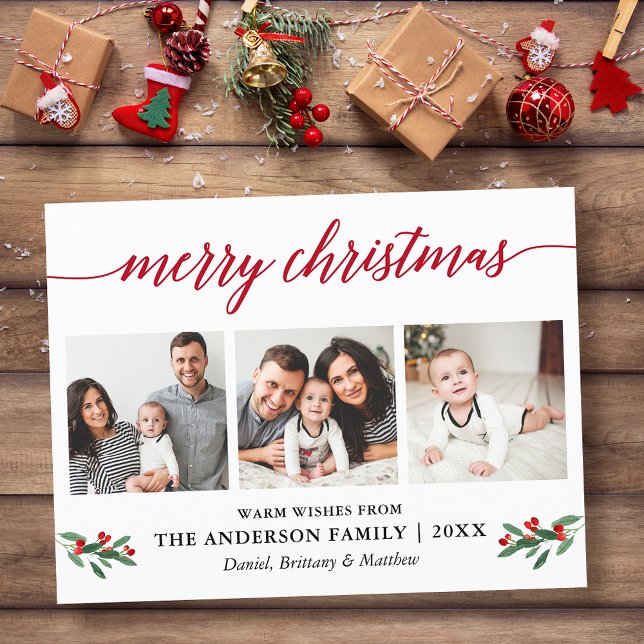 Modern Calligraphy Holly Red jul 3 Photo Vykort (Customize to change your personalized text size or text style.)