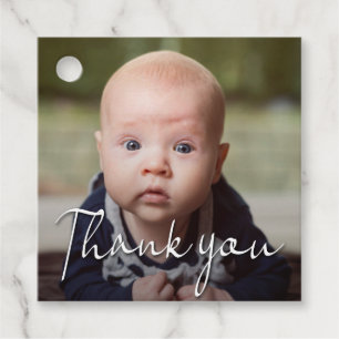 Modern Calligraphy Photo Christening Tack Gåvor Etiketter
