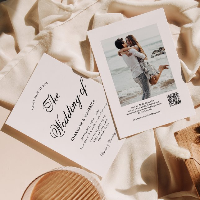 Modern Calligraphy Photo QR Code Bröllop Inbjudningar (Skapare uppladdad)