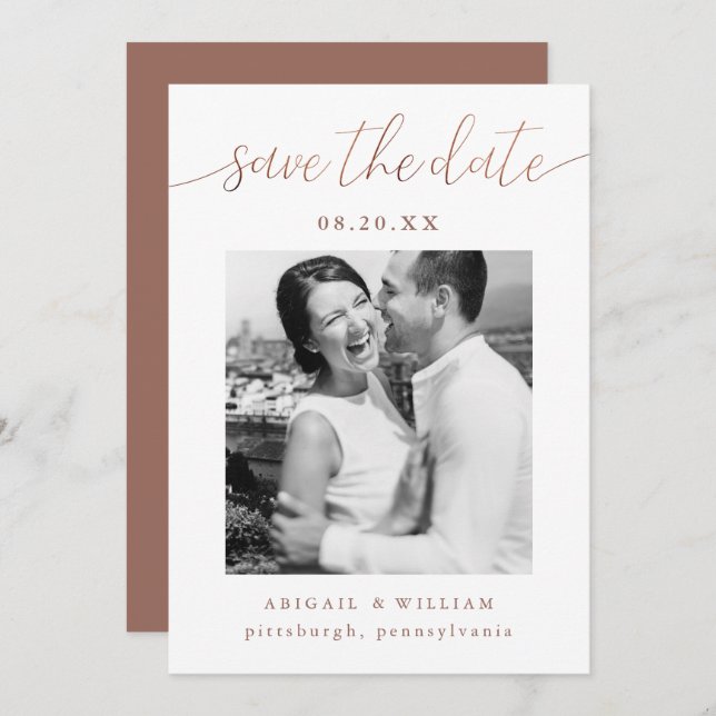 Modern Calligraphy Photo Terracotta Bröllop Spara Datumet (Fram/baksida)