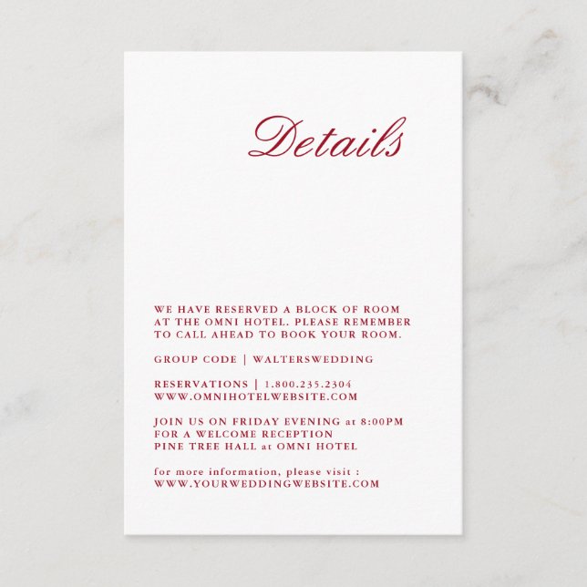 Modern Calligraphy Red Bröllop Detail Card Tilläggskort (Framsida)