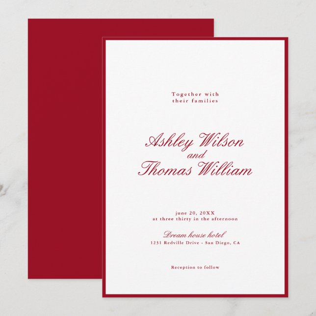 Modern Calligraphy Red Bröllop Inbjudningar (Fram/baksida)