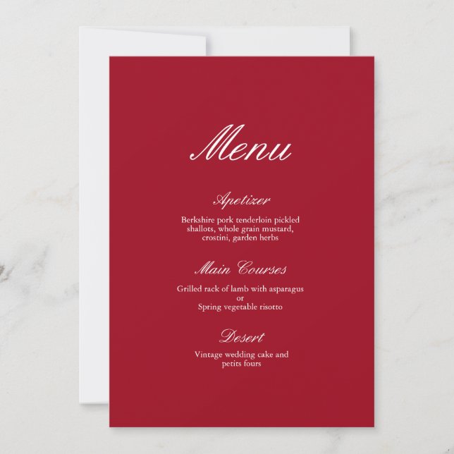 Modern Calligraphy Red Bröllop Menu Inbjudningar (Framsida)