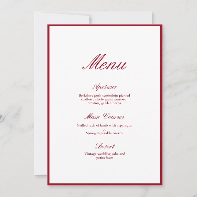 Modern Calligraphy Red Bröllop Menu Inbjudningar (Framsida)
